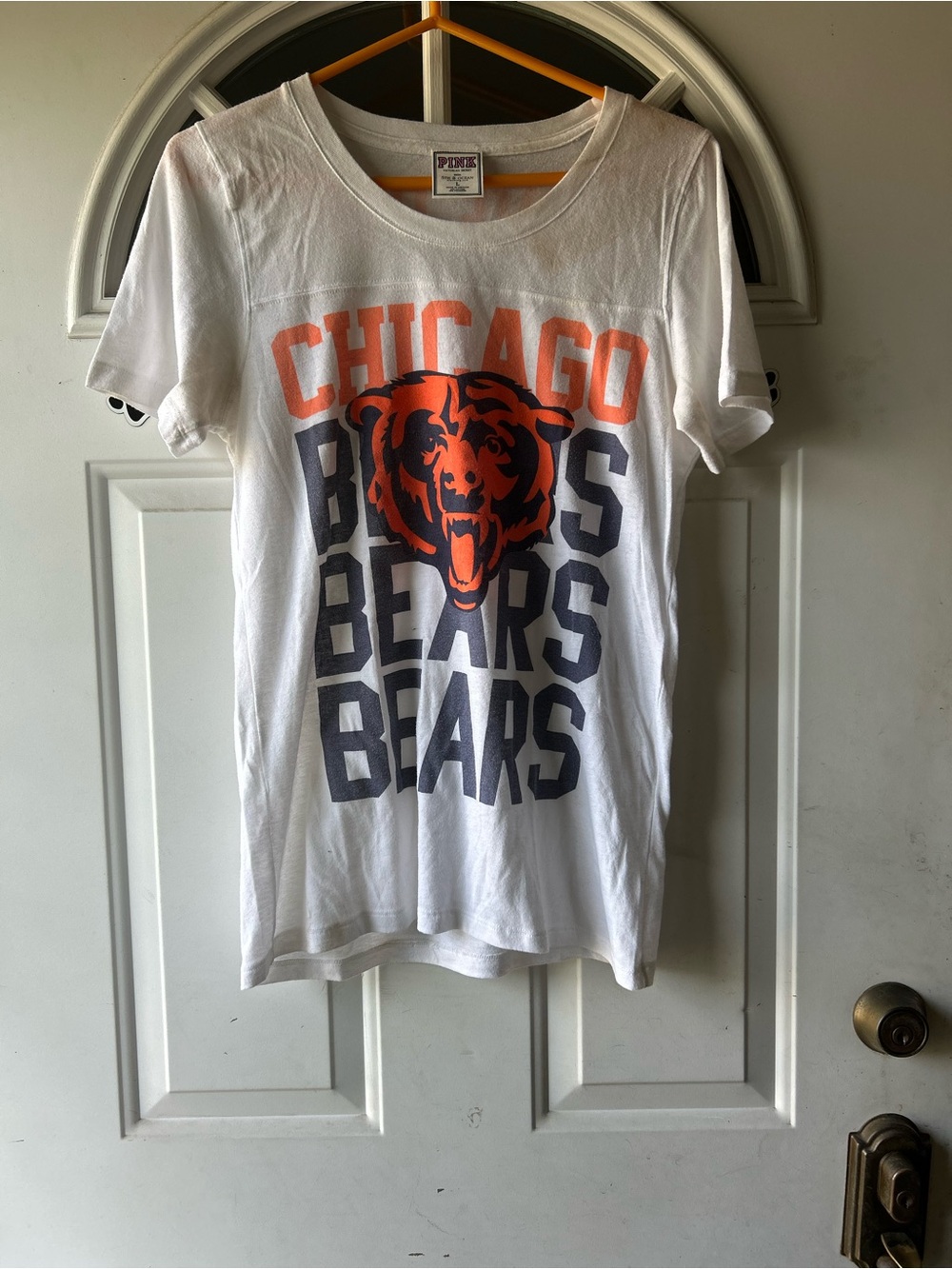 PINK Victoria's Secret White Chicago Bears Graphic Tee with Orange & Navy Print